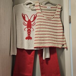 Pistola Flare Red Jeans, Wishlist Lobster Sweater & Evereve Striped Tank